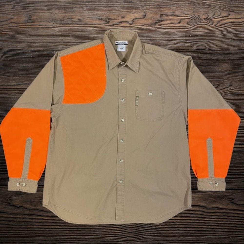 Columbia Mens Size M Shooting Shirt Tan Blaze Orange‎ Hunting Long Sleeve